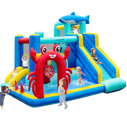 VIVOHOME 7 in 1 Bounce House for Kids, Sea Theme Inflatable Bouncy Castle with Slide, 12x10 FT Inflated Bouncer for Outdoor with Blower, Basketball, Climb, Jump Area, Ball, Water Pool, Hoop